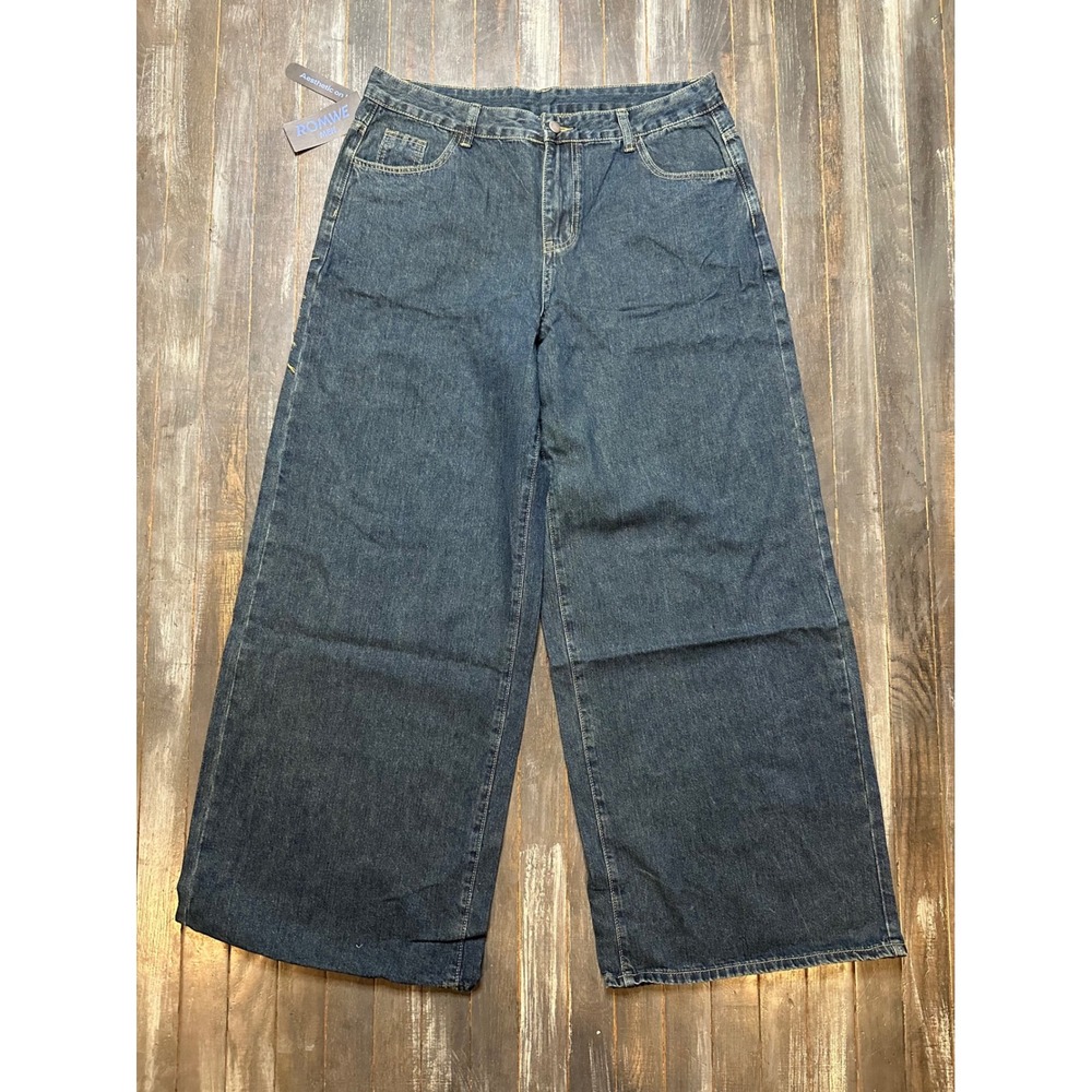 Romwe Men Wide Leg Jeans Dark Wash Spiderweb Embroidery Baggy Streetwear